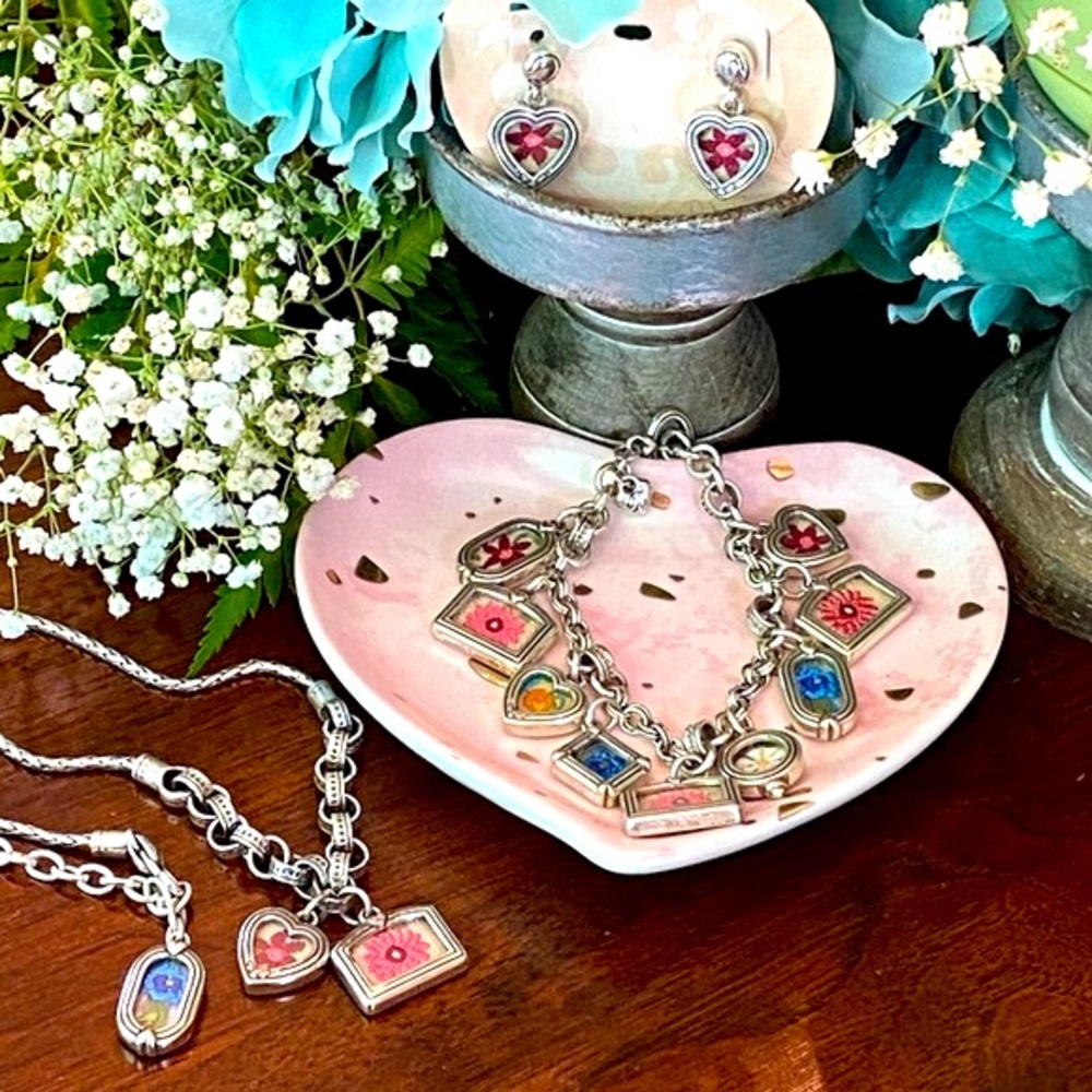 Brighton JOYFUL MOMENTS Embroidered Flower Charm Necklace Bracelet Earrings RARE